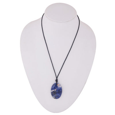 Magnificent Gemstone Sodalite Oval Shape Black Cotton Cord Pendant Necklace - R1900246-8