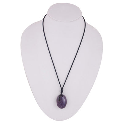 Magnificent Gemstone Charoite Oval Shape Black Cotton Cord Pendant Necklace - R1900247-5