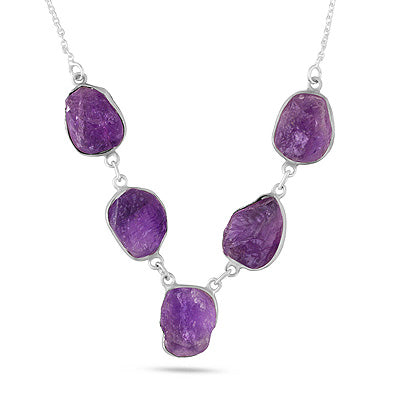 Gorgeous Bezel Multiple Rough Gemstone Amethyst Fancy Shape 925 Sterling Solid Silver Necklace - R1900258-1
