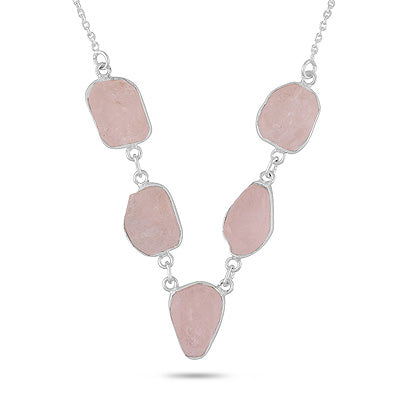 Gorgeous Bezel Multiple Rough Gemstone Rose Quartz Fancy Shape 925 Sterling Solid Silver Necklace - R1900258-9