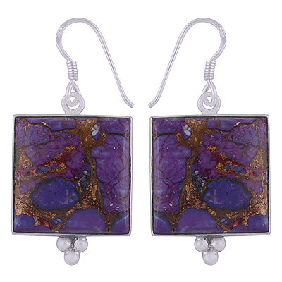 Minimal Rawa Work at Bottom Purple Copper Turquoise Square Shape 925 Sterling Solid Silver Dangle Earrings - R2200005-10