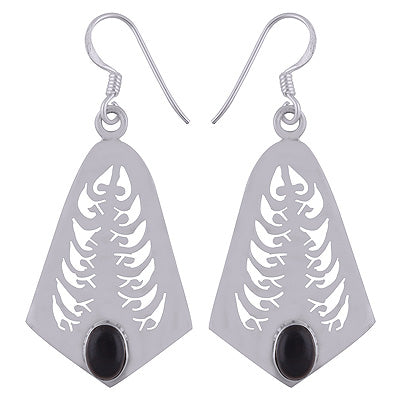 Beautiful Jali Cut work on Black Onyx Oval Shape 925 Sterling Solid Silver Dangle Earrings - R2200005-18