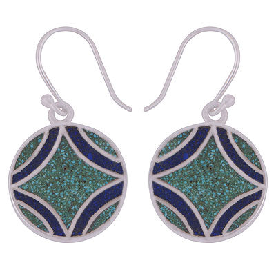 Alluring Two Coloured Chip Gemstone Around Turquoise,Lapis Round Shape 925 Sterling Solid Silver Dangle Earrings - R2200005-35