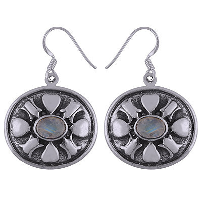 Oxidised Handcrafted work Around Rainbow Moonstone Oval Shape 925 Sterling Solid Silver Dangle Earrings - R2200005-4