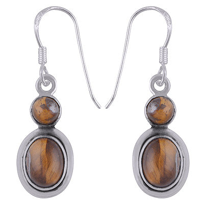 Gorgeous Plain Seated Gemstone Tiger's Eye Oval,Round Shape 925 Sterling Solid Silver Dangle Earrings - R2200008-20