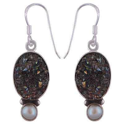 Stunning Sparkling Gemstone Drusy,Pearl Oval,Round Shape 925 Sterling Solid Silver Dangle Earrings - R2200009-13