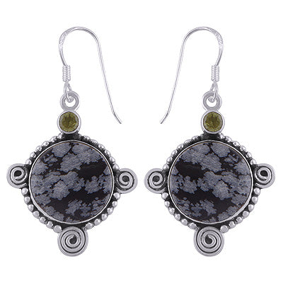 Stunning Pattern On Peridot,Snowflake Obsidian Round Shape 925 Sterling Solid Silver Dangle Earrings - R2200009-14