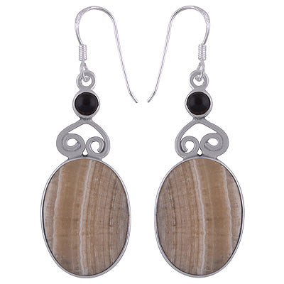 Stunning Pattern On Gemstone Agate,Black Onyx Oval,Round Shape 925 Sterling Solid Silver Dangle Earrings - R2200009-22
