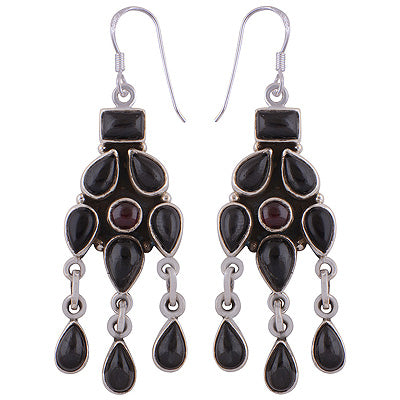 Gorgeous Multi Shaped Gemstones Black Onyx,Garnet Multi Shapes 925 Sterling Solid Silver Dangle Earrings - R2200010-22