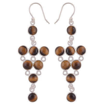 Alluring Chandelier Inspired Loaded with Gemstones Tiger's Eye Round Shape 925 Sterling Solid Silver Dangle Earrings - R2200011-14
