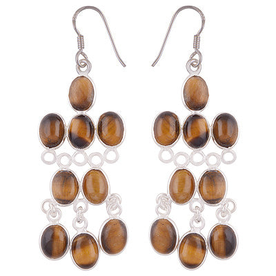 Alluring Chandelier Inspired Loaded with Gemstones Tiger's Eye Oval Shape 925 Sterling Solid Silver Dangle Earrings - R2200012-11