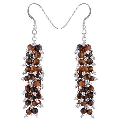 Alluring Loaded with beautiful Gemstone Beads Tiger's Eye Round Shape 925 Sterling Solid Silver Dangle Earrings - R2200013-19