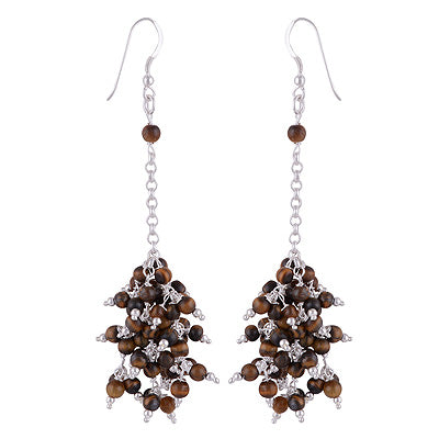 Stunning Chandelier Inspired Loaded with Gemstones Tiger's Eye Round Shape 925 Sterling Solid Silver Dangle Earrings - R2200013-20