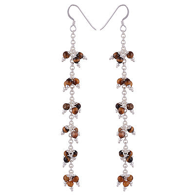 Beautiful Three layer Pattern loaded with Beads Tiger's Eye Round Shape 925 Sterling Solid Silver Dangle Earrings - R2200013-21