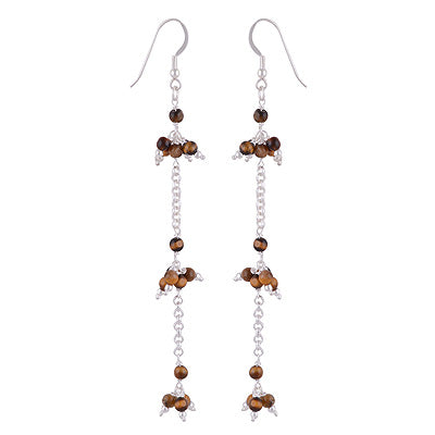 Beautiful Three layer Pattern loaded with Beads Tiger's Eye Round Shape 925 Sterling Solid Silver Dangle Earrings - R2200013-22