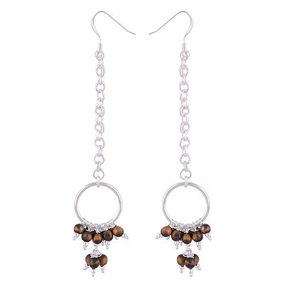Alluring Bright Gemstone Beads at Bottom Tiger's Eye Round Shape 925 Sterling Solid Silver Dangle Earrings - R2200014-15