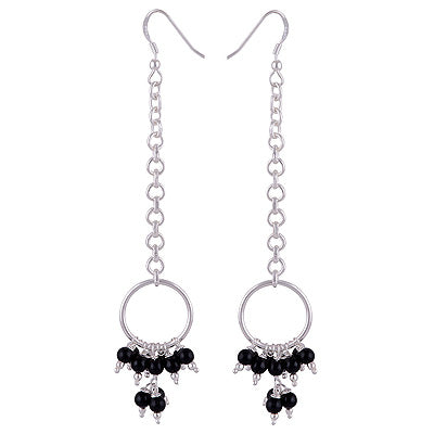 Alluring Bright Gemstone Beads at Bottom Black Onyx Round Shape 925 Sterling Solid Silver Dangle Earrings - R2200014-16