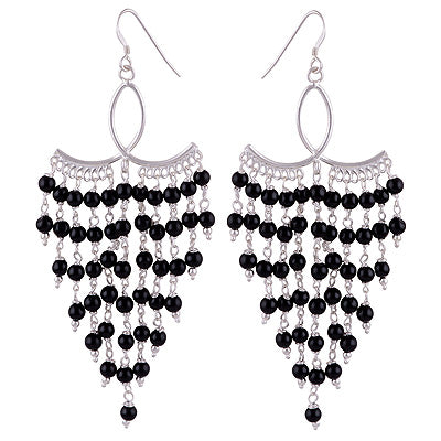 Gorgeous Chandelier Loaded with Gemstone Beads Black Onyx Round Shape 925 Sterling Solid Silver Dangle Earrings - R2200015-15