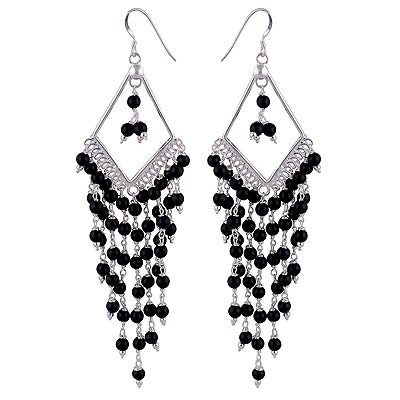 Gorgeous Layering pattern of Gemstone Beads Black Onyx Round Shape 925 Sterling Solid Silver Dangle Earrings - R2200015-16
