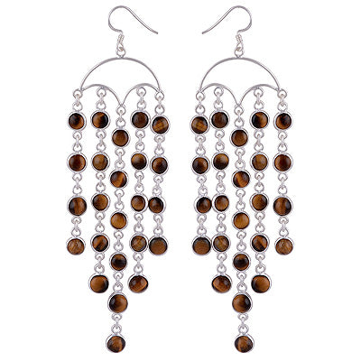 Stunning Chandelier Loaded with Gemstones Tiger's Eye Round Shape 925 Sterling Solid Silver Dangle Earrings - R2200015-20