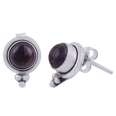 Beautiful Rawa Work at bottom Amethyst Round Shape 925 Sterling Solid Silver Stud Earrings - R2200016-1