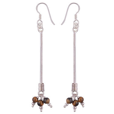 Alluring Hanging Beads At Bottom Tiger's Eye Round Shape 925 Sterling Solid Silver Dangle Earrings - R2200017-19