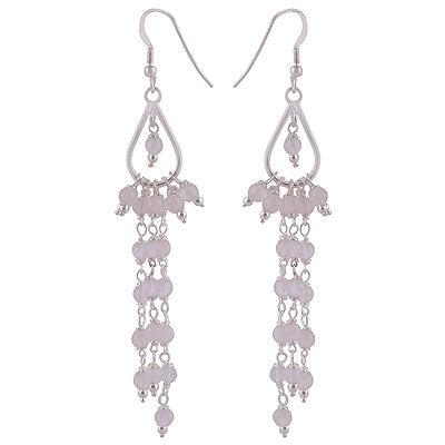 Stunning Hanging Gemstone Beads Rose Quartz Round Shape 925 Sterling Solid Silver Dangle Earrings - R2200018-15