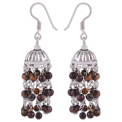 Beautiful Jhumkis With Hanging Gemstone Beads Tiger's Eye Round Shape 925 Sterling Solid Silver Dangle Earrings - R2200018-16