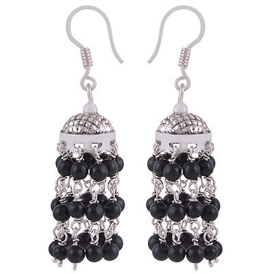 Stunning Textured Jhumkis With Hanging Gemstones Black Onyx Round Shape 925 Sterling Solid Silver Dangle Earrings - R2200018-17