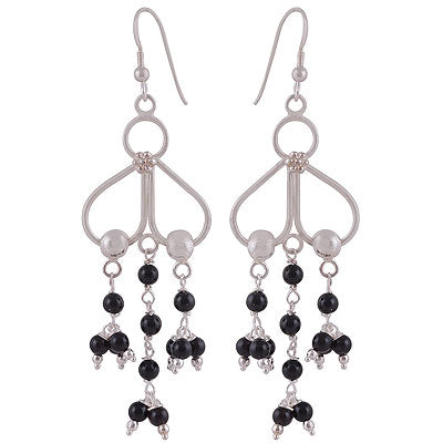 Beautifully Hanging Gemstone Beads at Bottom Black Onyx Round Shape 925 Sterling Solid Silver Dangle Earrings - R2200018-18