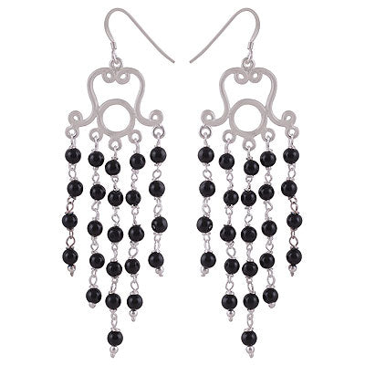 Stunning Gemstone Beads Hanging Black Onyx Round Shape 925 Sterling Solid Silver Dangle Earrings - R2200018-19