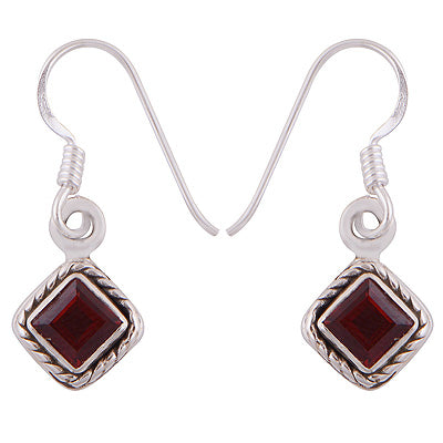 Gorgeous Textured Wire Around Garnet Rhombus Shape 925 Sterling Solid Silver Dangle Earrings - R2200022-4