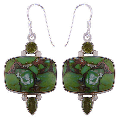 Gorgeous Three Stone Green Copper Turquoise,Peridot Irregular Shape 925 Sterling Solid Silver Dangle Earrings - R2200023-8