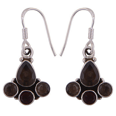 Beautiful Four Gemstones Smoky Topaz Pear,Round Shape 925 Sterling Solid Silver Dangle Earrings - R2200024-10