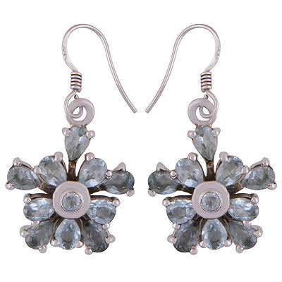 Gorgeous Flower using Gemstones Blue Topaz Round,Pear Shape 925 Sterling Solid Silver Dangle Earrings - R2200024-28