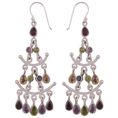 Multicoloured Chandelier Amethyst,Garnet,Peridot,Citrine,Iolite Pear,Round Shape 925 Sterling Solid Silver Dangle Earrings - R2200025-22