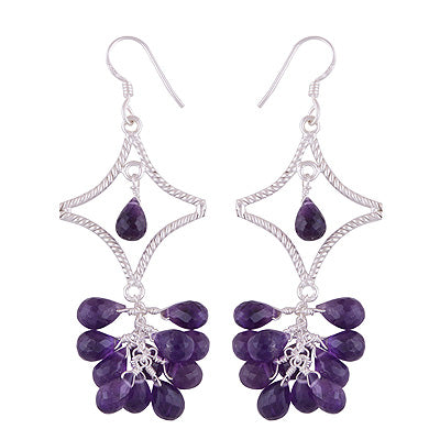 Beautiful Cluster of Genstone Amethyst Drop Shape 925 Sterling Solid Silver Dangle Earrings - R2200026-1