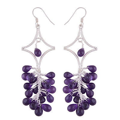 Beautiful Cluster of Genstone Amethyst Drop Shape 925 Sterling Solid Silver Dangle Earrings - R2200026-2