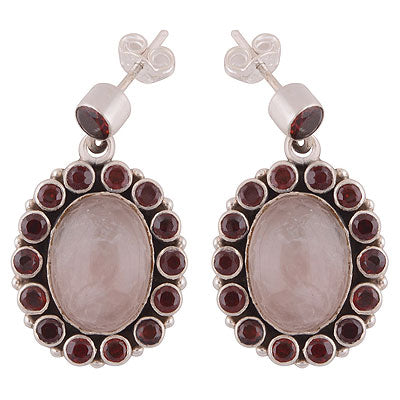 Gorgeous Loaded with Multiple Gemstone Around Garnet,Rose Quartz Round,Oval Shape 925 Sterling Solid Silver Stud Earrings - R2200028-11