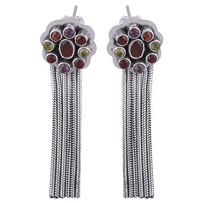 Stunning Gemstone Flower with Hanging twisted Wire Amethyst,Garnet,Peridot Round,Oval Shape 925 Sterling Solid Silver Stud Earrings - R2200028-14