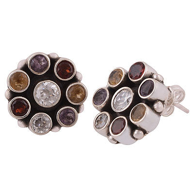 Stunning Multicoloured Gemstone Around Amethyst,Garnet,Peridot,Citrine,White Cubic Zirconia Round Shape 925 Sterling Solid Silver Stud Earrings - R2200028-9