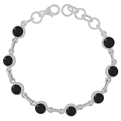 Gorgeous Multiple Gemstone Seated Around Black Onyx Round Shape 925 Sterling Solid Silver Bracelet - R2300482-12