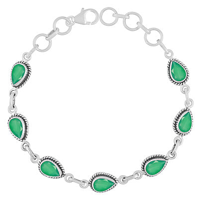 Authentic Wire Work Around Seven Stone Green Onyx Pear Shape 925 Sterling Solid Silver Bracelet - R2300488-10