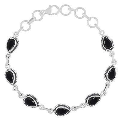 Authentic Wire Work Around Seven Stone Black Onyx Pear Shape 925 Sterling Solid Silver Bracelet - R2300488-11