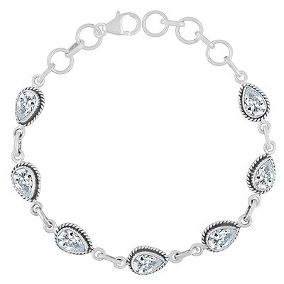 Authentic Wire Work Around Seven Stone White Cubic Zirconia Pear Shape 925 Sterling Solid Silver Bracelet - R2300488-8