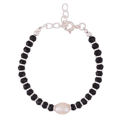 Gorgeous Pearl Charm with Gemstone Beads Black Onyx Egg & Round Shape 925 Sterling Solid Silver Baby Child Bracelets - R2300497-2