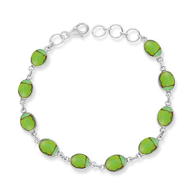 Ten Gemstone Plain Bezel Green Copper Turquoise Oval Shape 925 Sterling Solid Silver Bracelet - R2400312-1