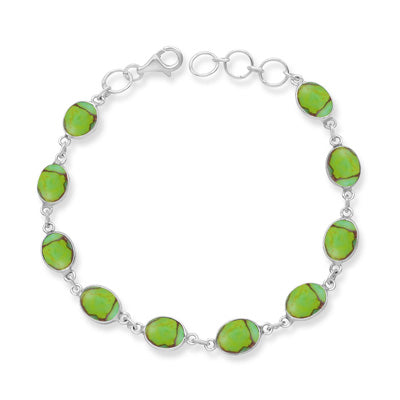 Ten Gemstone Plain Bezel Green Copper Turquoise Oval Shape 925 Sterling Solid Silver Bracelet - R2400312-26