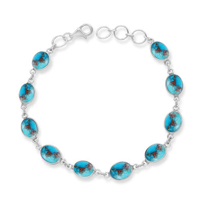 Ten Gemstone Plain Bezel Blue Copper Turquoise Oval Shape 925 Sterling Solid Silver Bracelet - R2400312-4