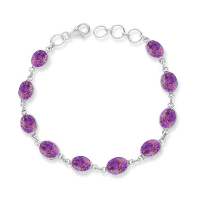 Ten Gemstone Plain Bezel Purple Copper Turquoise Oval Shape 925 Sterling Solid Silver Bracelet - R2400312-8